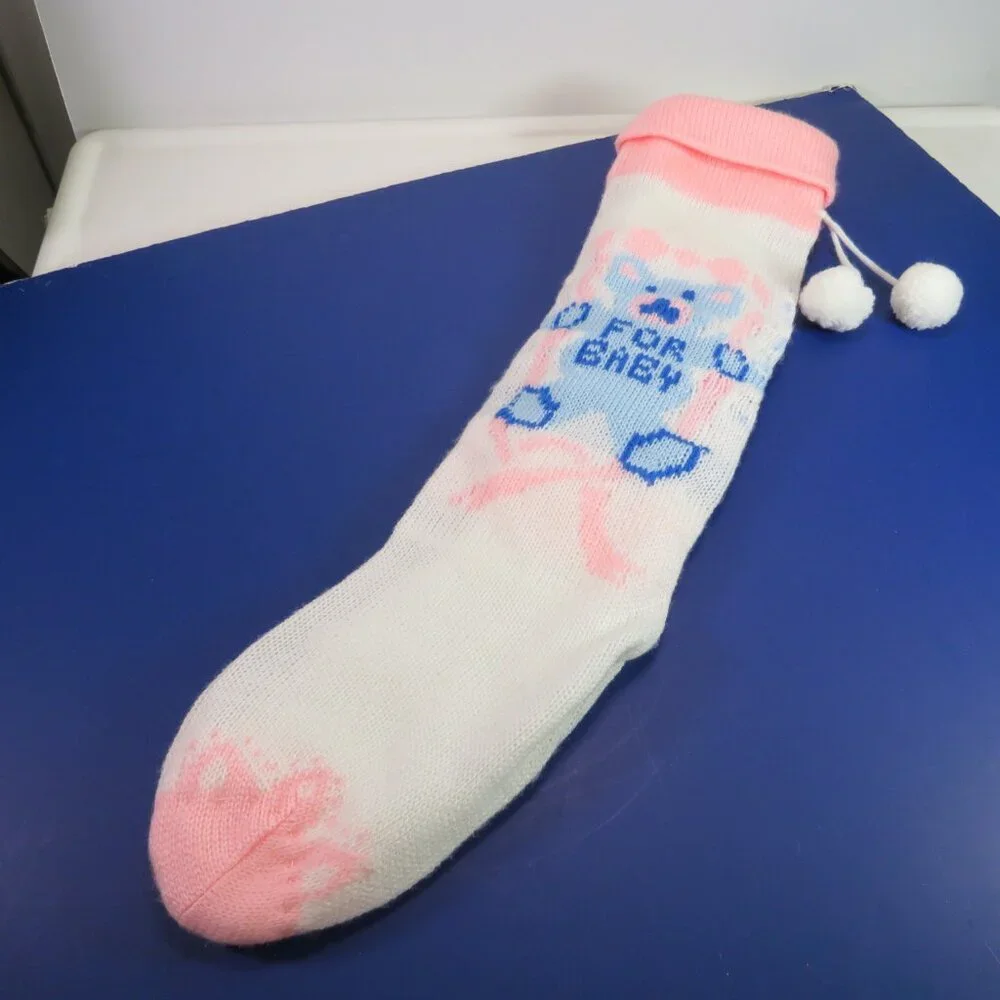 Baby vintage pink blue knit baby stocking 20 inches long Christmas Holiday Decor